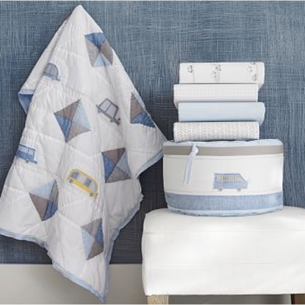 Pottery Barn Kids Mason Toddler Quilt, Crib Bumper, Chambray Crib Dust Ruffle